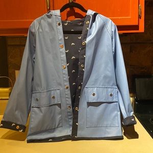Vintage Blue DUCKS Reversible VINYL Slicker Rain Coat Hooded Jacket -Small
